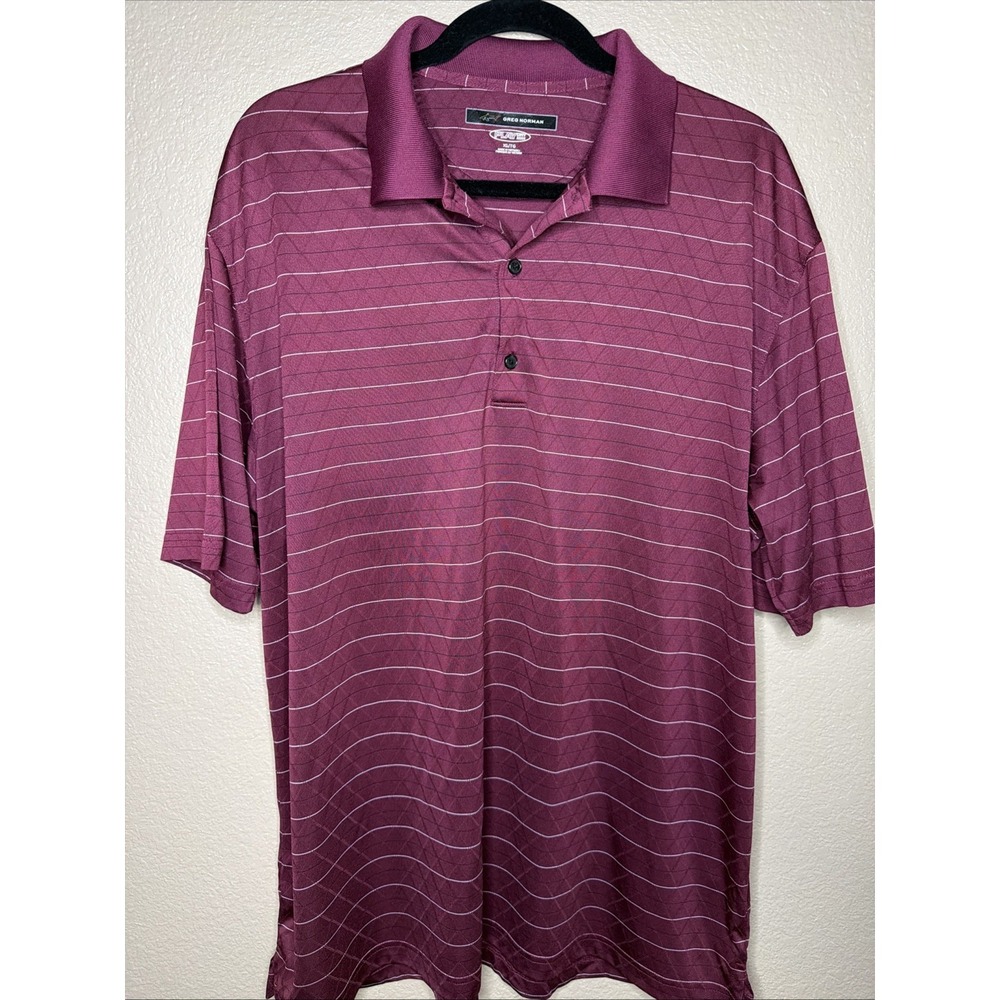 XL Greg Norman Golf Men's Play Dry Maroon White Stripes Shirt